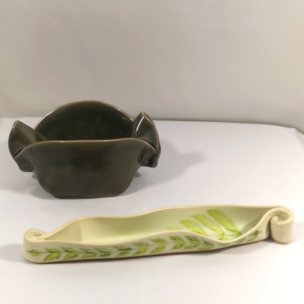 Set of Two Hilborn Pottery, Condiment Dish (Olive Colour) and Vintage Olive Tray